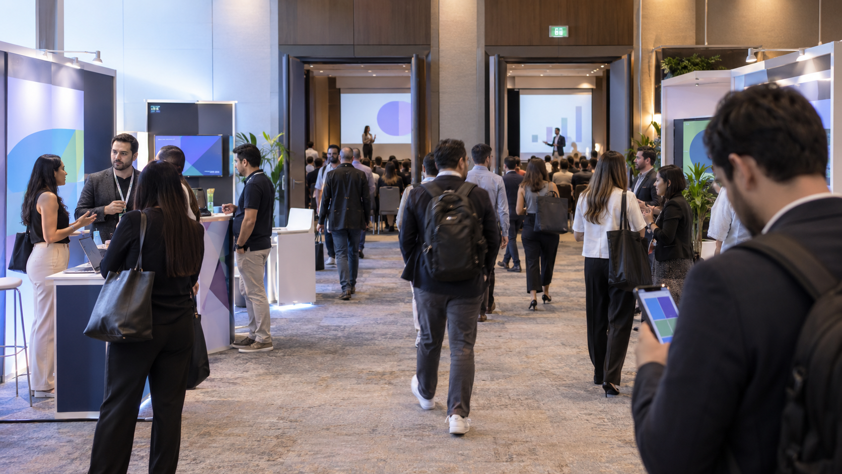 Un evento con stands y salones de conferencia