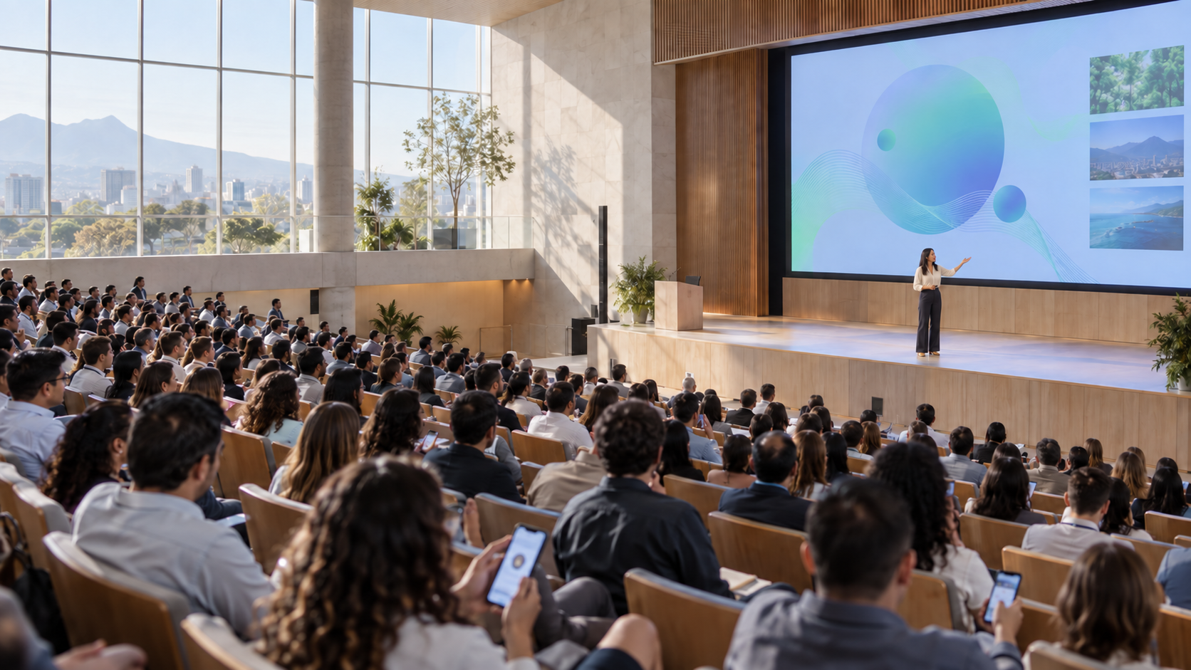 Una ponente y una audiencia amplia durante una experiencia interactiva